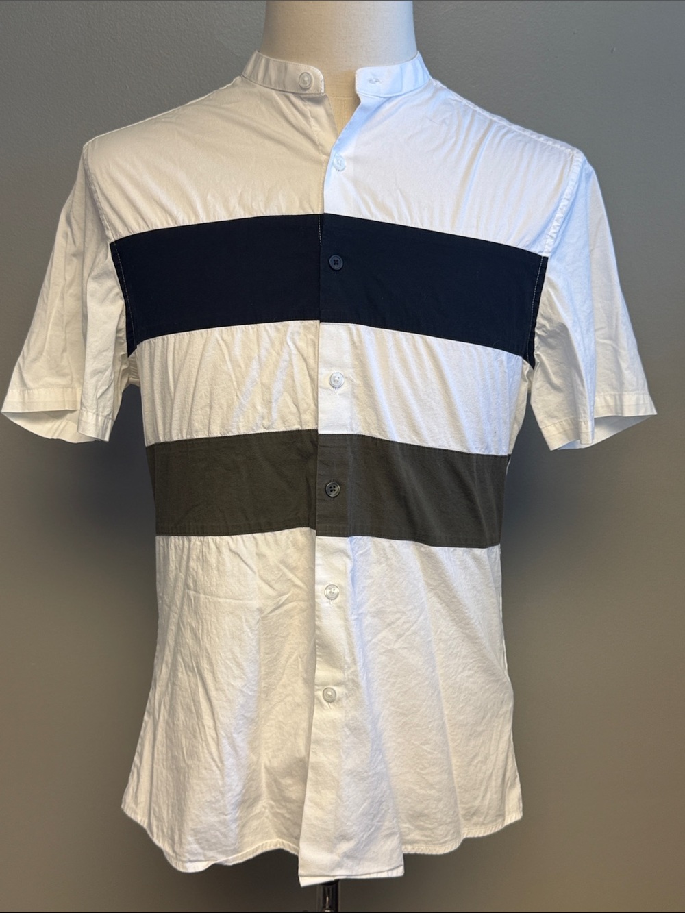 ASOS Men's Large Banded Collar Colorblock Shirt White Black Short Sleeve Stretch